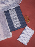 Cotton dress material greyish blue and white with allover thread weaves & embroidery neck work pattern and bottom & chiffon dupatta