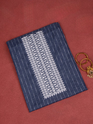 Cotton dress material greyish blue and white with allover thread weaves & embroidery neck work pattern and bottom & chiffon dupatta