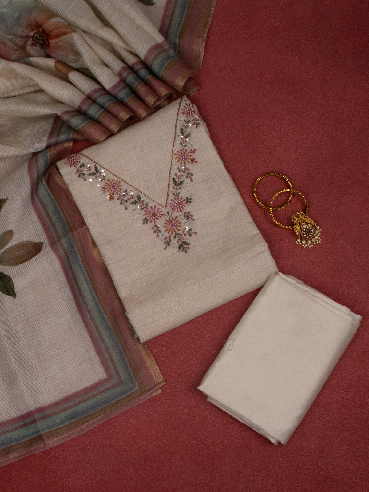 Tissue linen dress material beige with embroidery & beaded work v neck pattern and bottom & dupatta