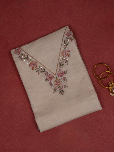 Tissue linen dress material beige with embroidery & beaded work v neck pattern and bottom & dupatta
