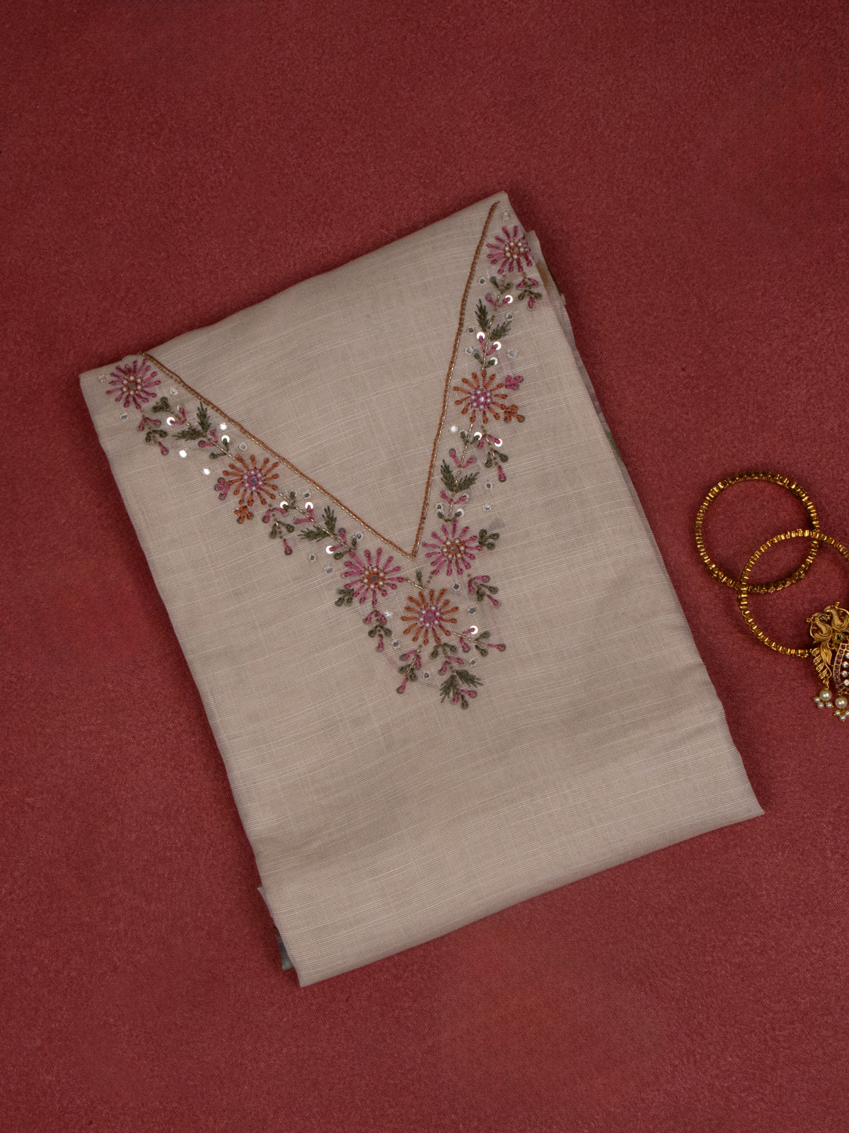 Tissue linen dress material beige with embroidery & beaded work v neck pattern and bottom & dupatta
