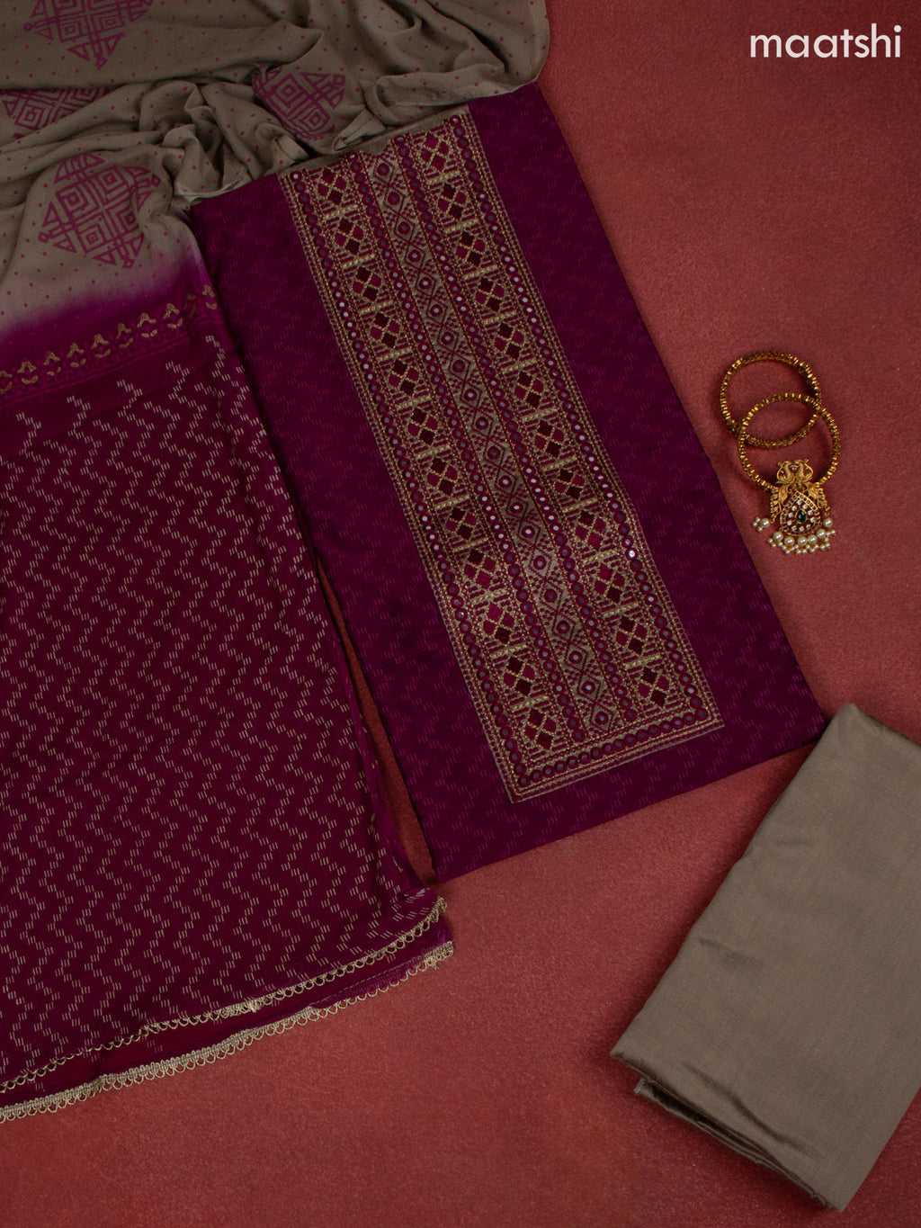 Chanderi dress material magenta and beige with allover prints & embroidery mirror work neck pattern and bottom & chiffon dupatta