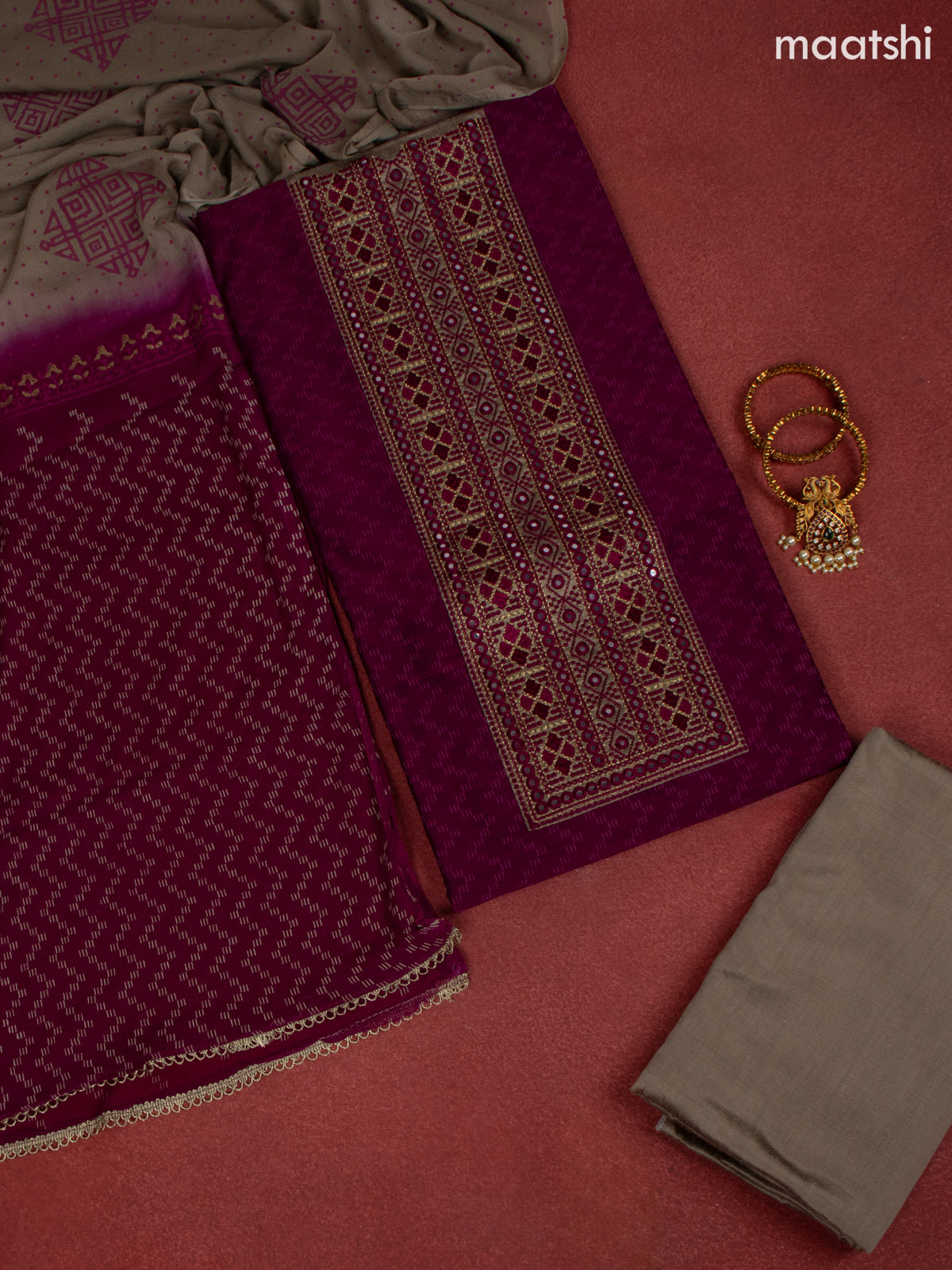 Chanderi dress material magenta and beige with allover prints & embroidery mirror work neck pattern and bottom & chiffon dupatta