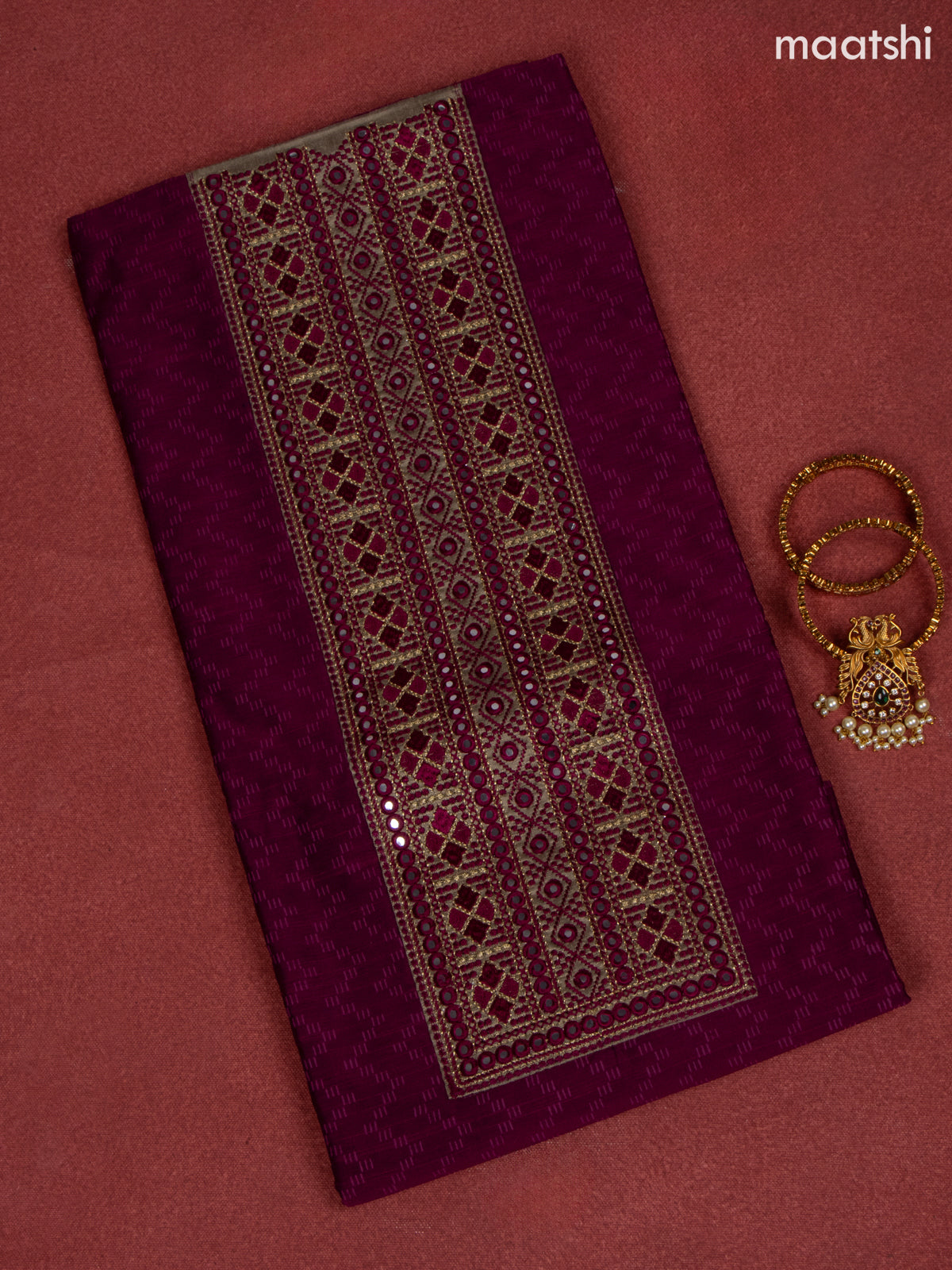Chanderi dress material magenta and beige with allover prints & embroidery mirror work neck pattern and bottom & chiffon dupatta