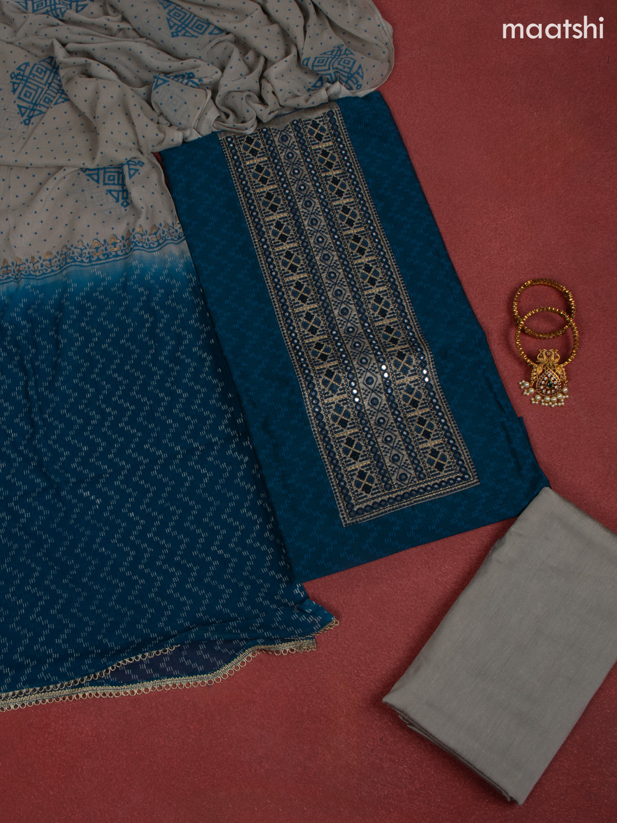 Chanderi dress material peacock blue and grey with allover prints & embroidery mirror work neck pattern and bottom & chiffon dupatta