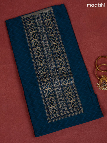 Chanderi dress material peacock blue and grey with allover prints & embroidery mirror work neck pattern and bottom & chiffon dupatta