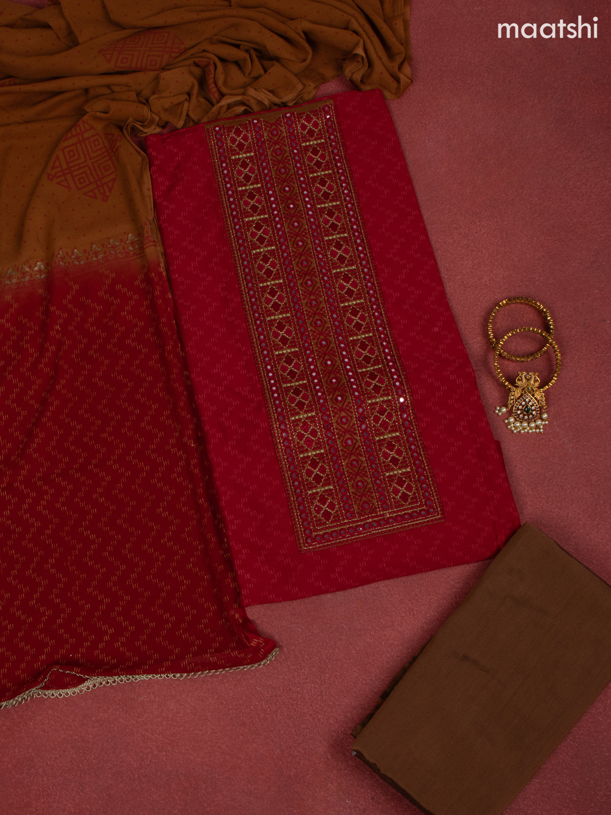 Chanderi dress material red and dark brown with allover prints & embroidery mirror work neck pattern and bottom & chiffon dupatta