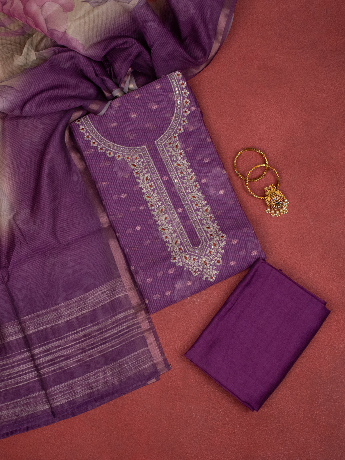 Chanderi dress material purple with embroidery sequin work neck pattern and bottom & dupatta