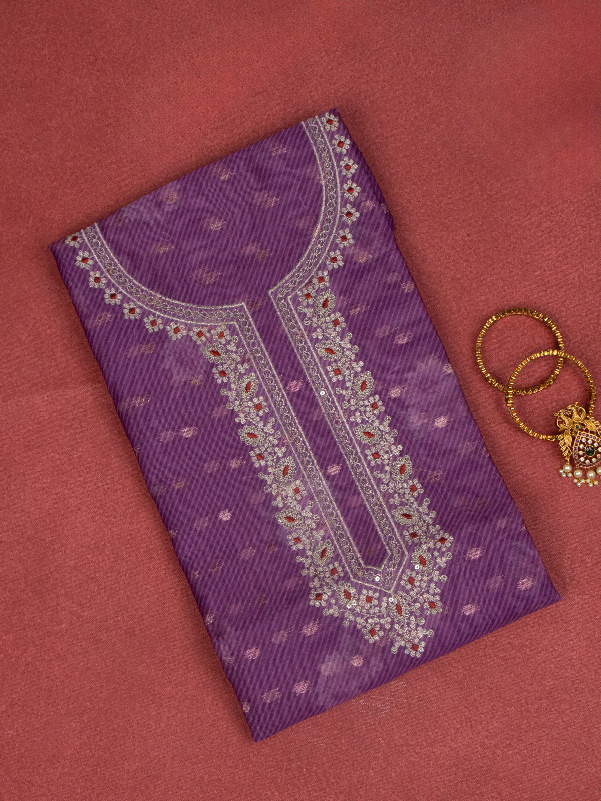 Chanderi dress material purple with embroidery sequin work neck pattern and bottom & dupatta