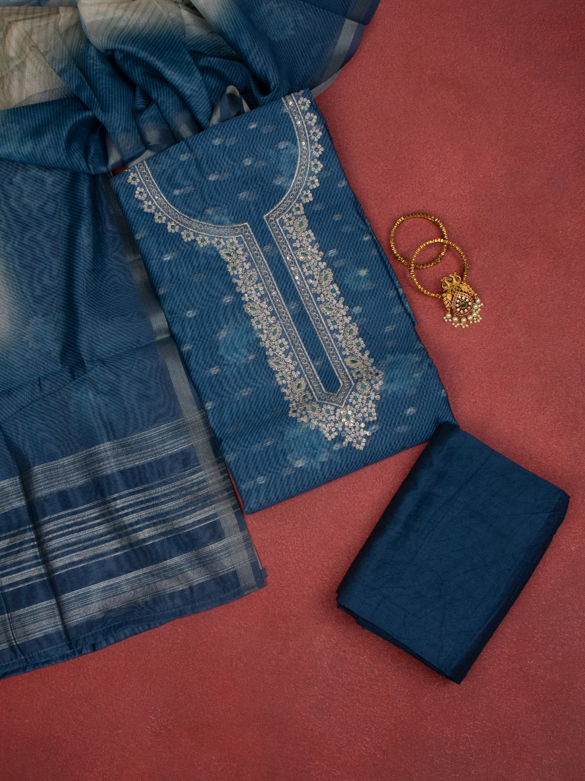 Chanderi dress material peacock blue with embroidery sequin work neck pattern and bottom & dupatta