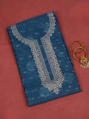 Chanderi dress material peacock blue with embroidery sequin work neck pattern and bottom & dupatta