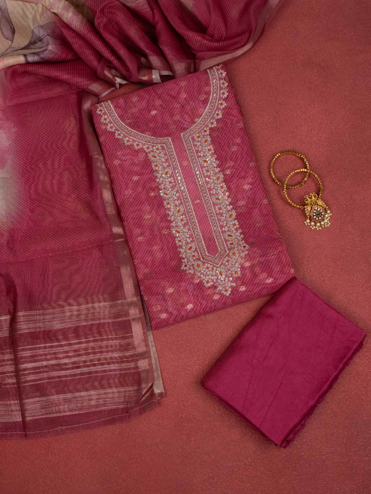 Chanderi dress material magenta with embroidery sequin work neck pattern and bottom & dupatta