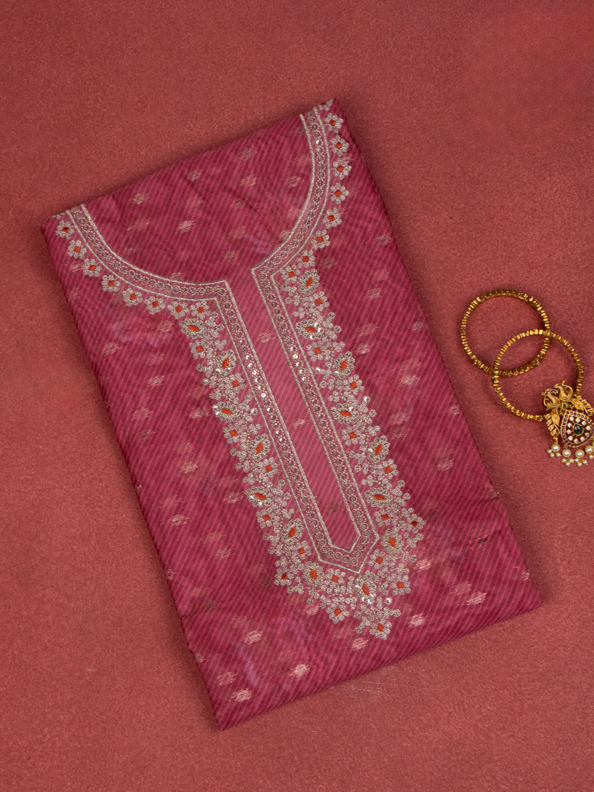 Chanderi dress material magenta with embroidery sequin work neck pattern and bottom & dupatta
