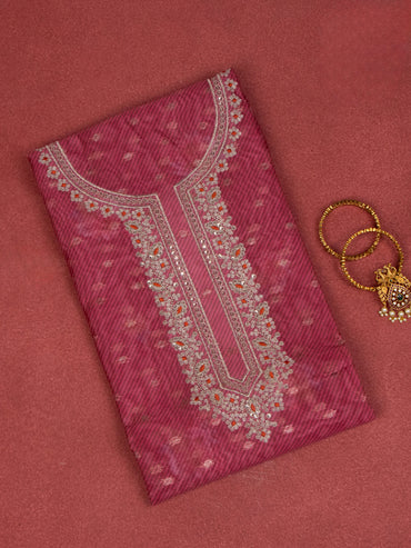 Chanderi dress material magenta with embroidery sequin work neck pattern and bottom & dupatta