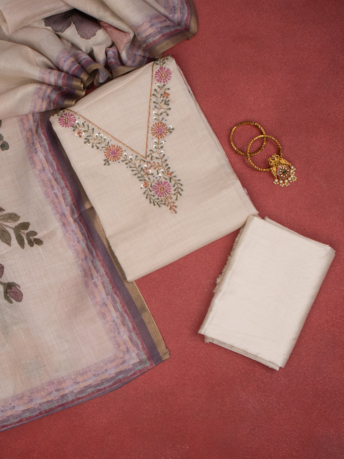 Tissue linen dress material beige with embroidery & beaded work v neck pattern and bottom & dupatta