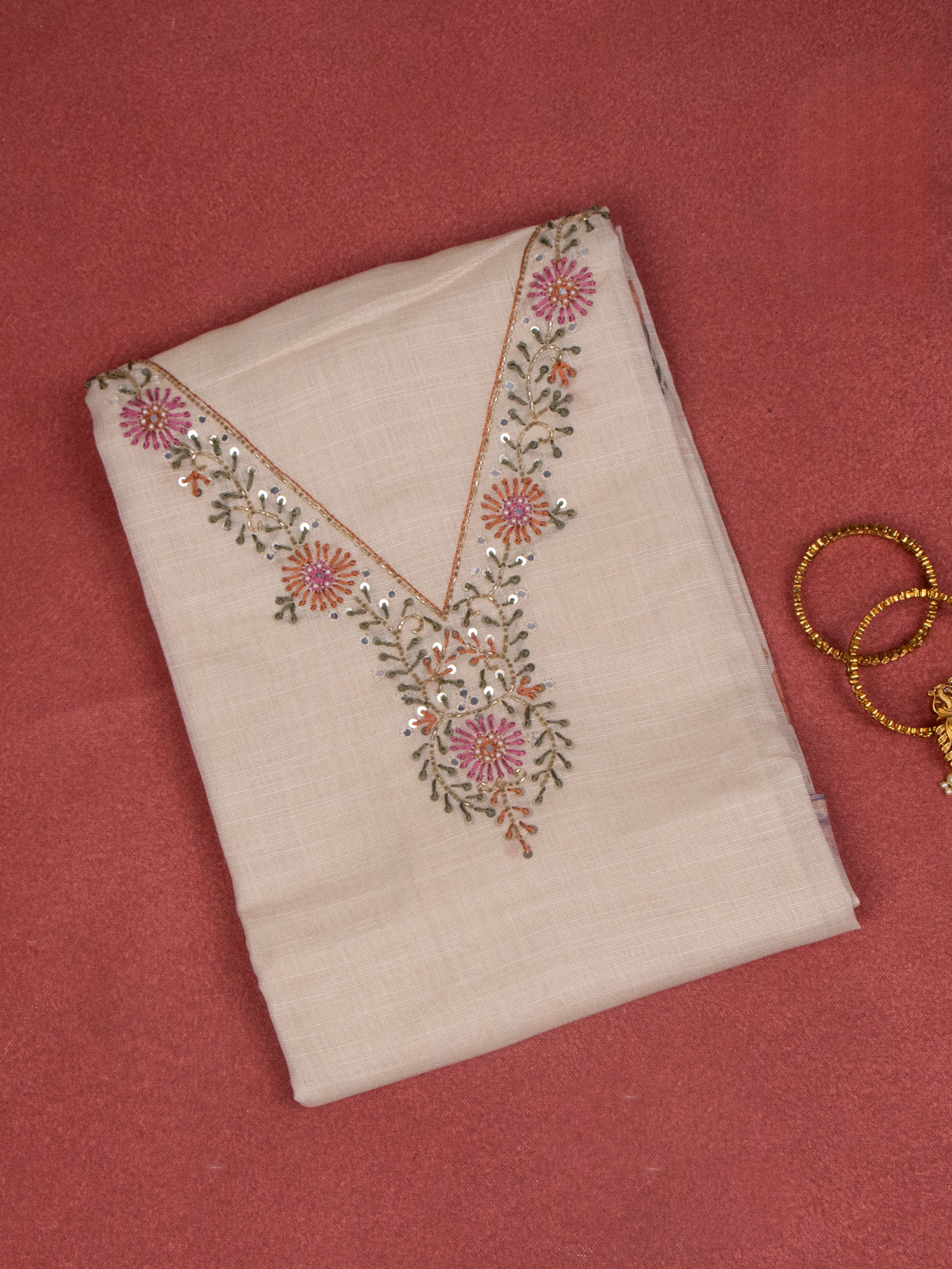 Tissue linen dress material beige with embroidery & beaded work v neck pattern and bottom & dupatta
