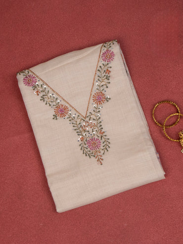 Tissue linen dress material beige with embroidery & beaded work v neck pattern and bottom & dupatta