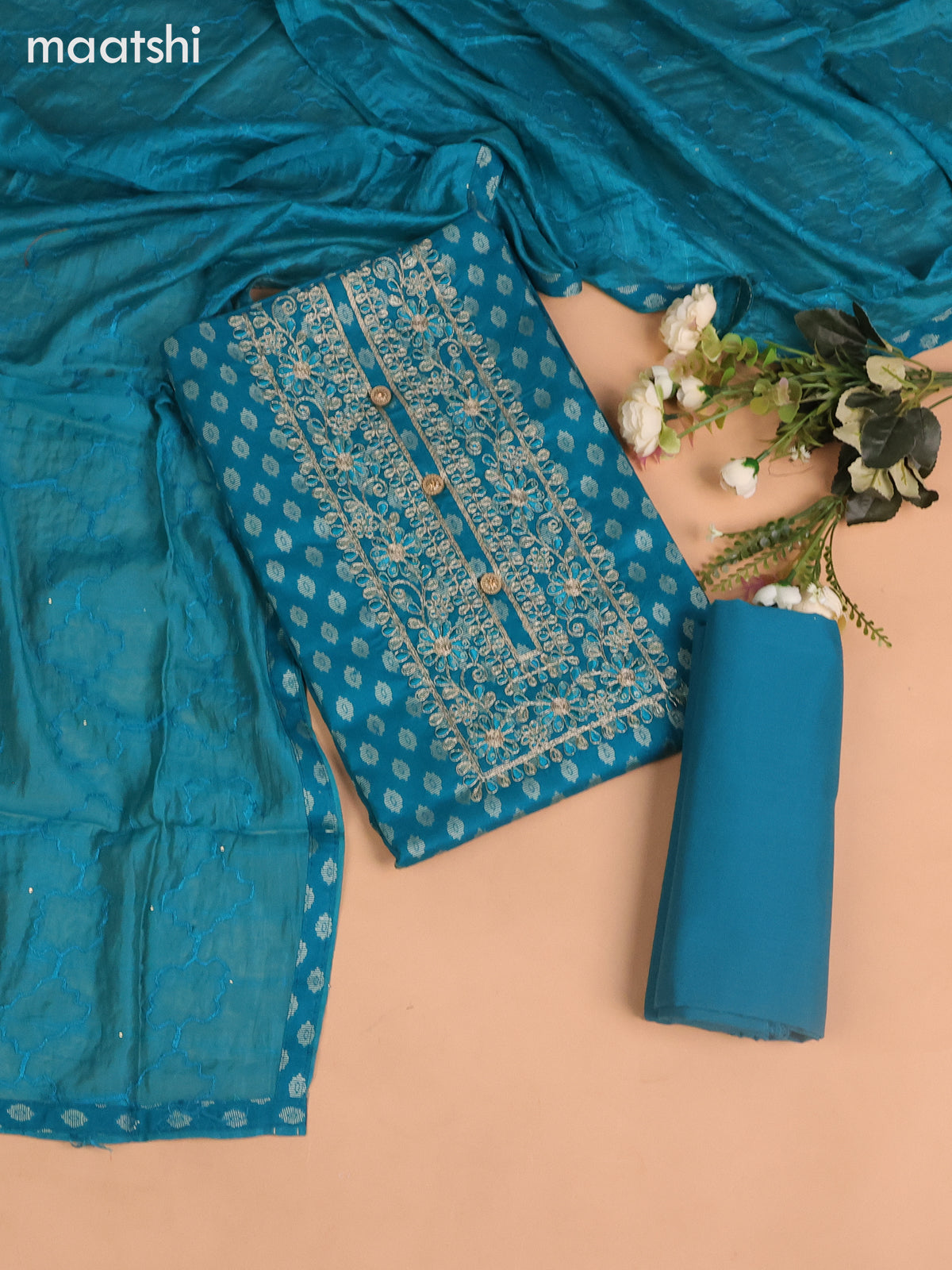 Cotton dress material teal blue with allover thread buttas & sequin embroidery work neck pattern and bottom & dupatta