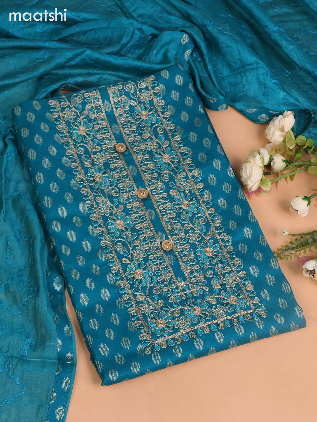 Cotton dress material teal blue with allover thread buttas & sequin embroidery work neck pattern and bottom & dupatta