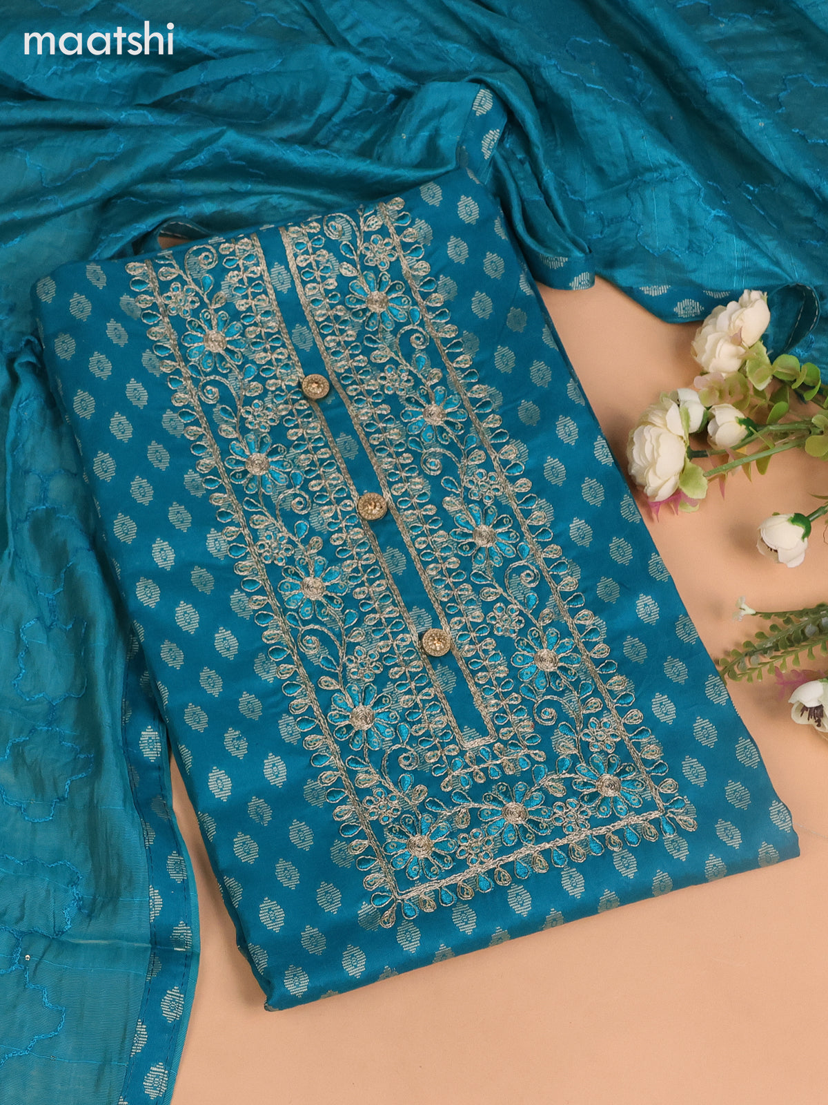 Cotton dress material teal blue with allover thread buttas & sequin embroidery work neck pattern and bottom & dupatta