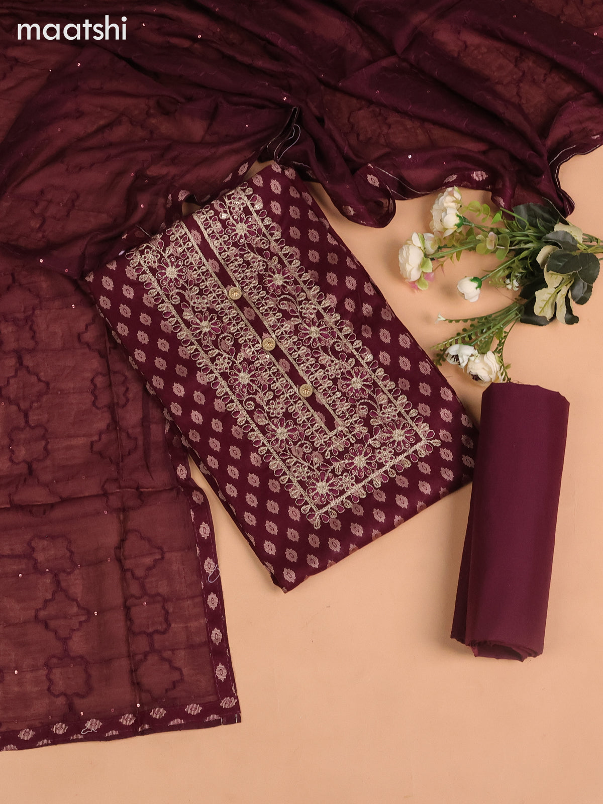 Cotton dress material wine shade with allover thread buttas & sequin embroidery work neck pattern and bottom & dupatta