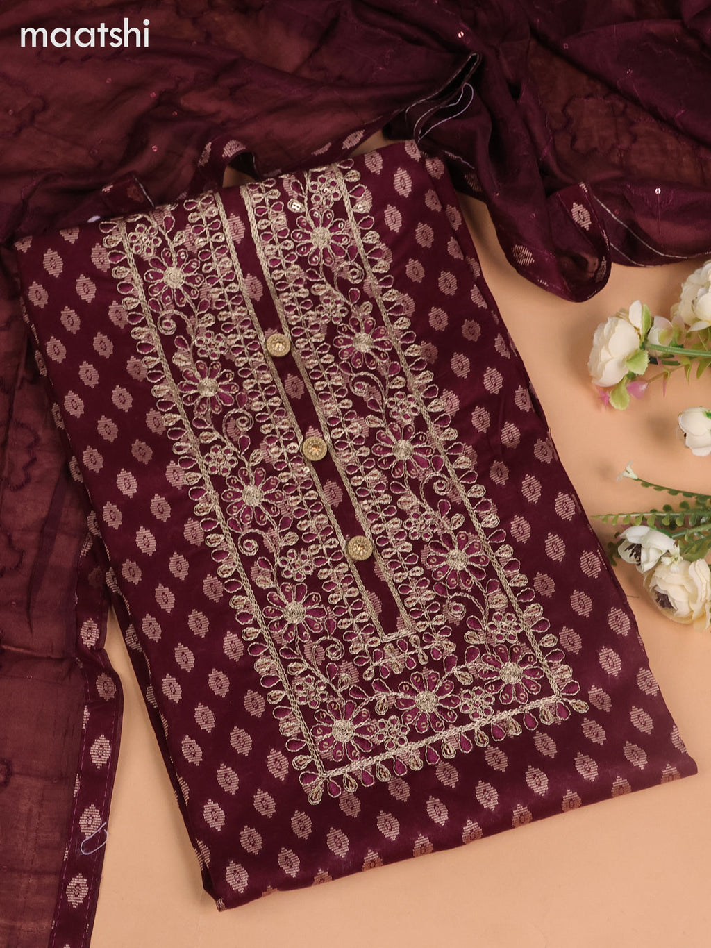 Cotton dress material wine shade with allover thread buttas & sequin embroidery work neck pattern and bottom & dupatta