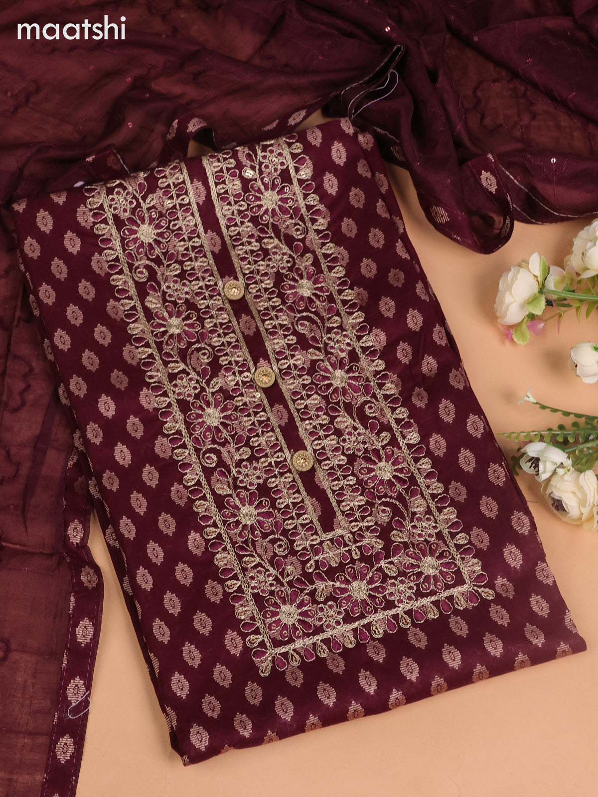 Cotton dress material wine shade with allover thread buttas & sequin embroidery work neck pattern and bottom & dupatta