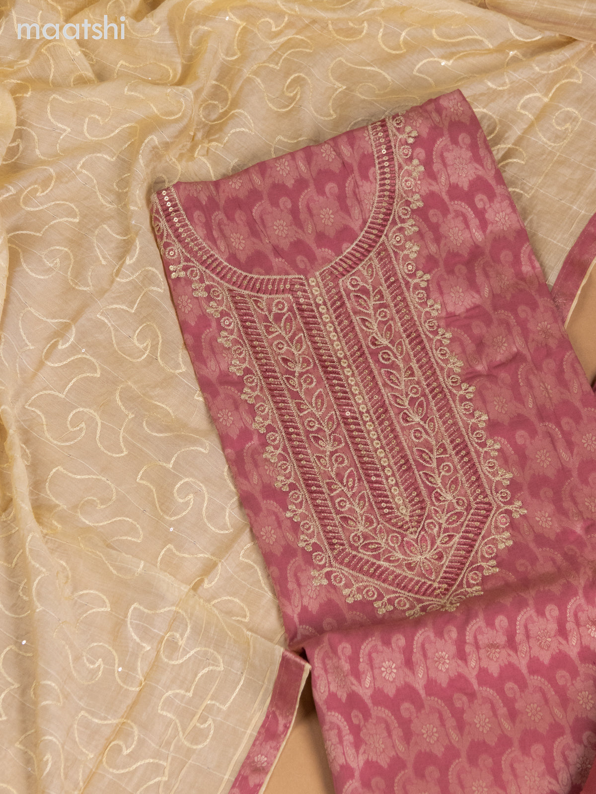 Cotton dress material peach pink and cream with allover thread weaves & sequin embroidery work neck pattern and bottom & dupatta