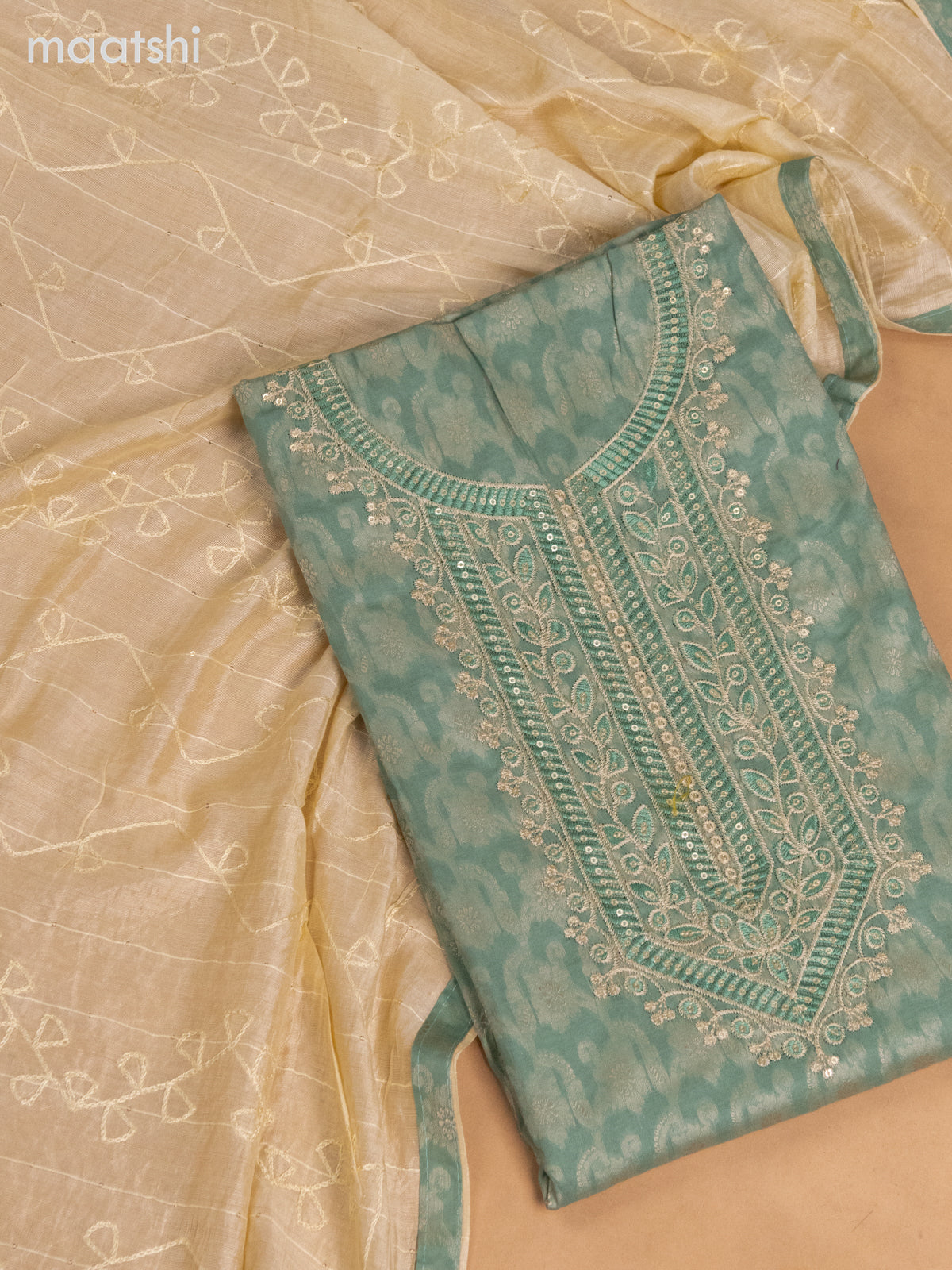 Cotton dress material teal green shade and cream with allover thread weaves & sequin embroidery work neck pattern and bottom & dupatta