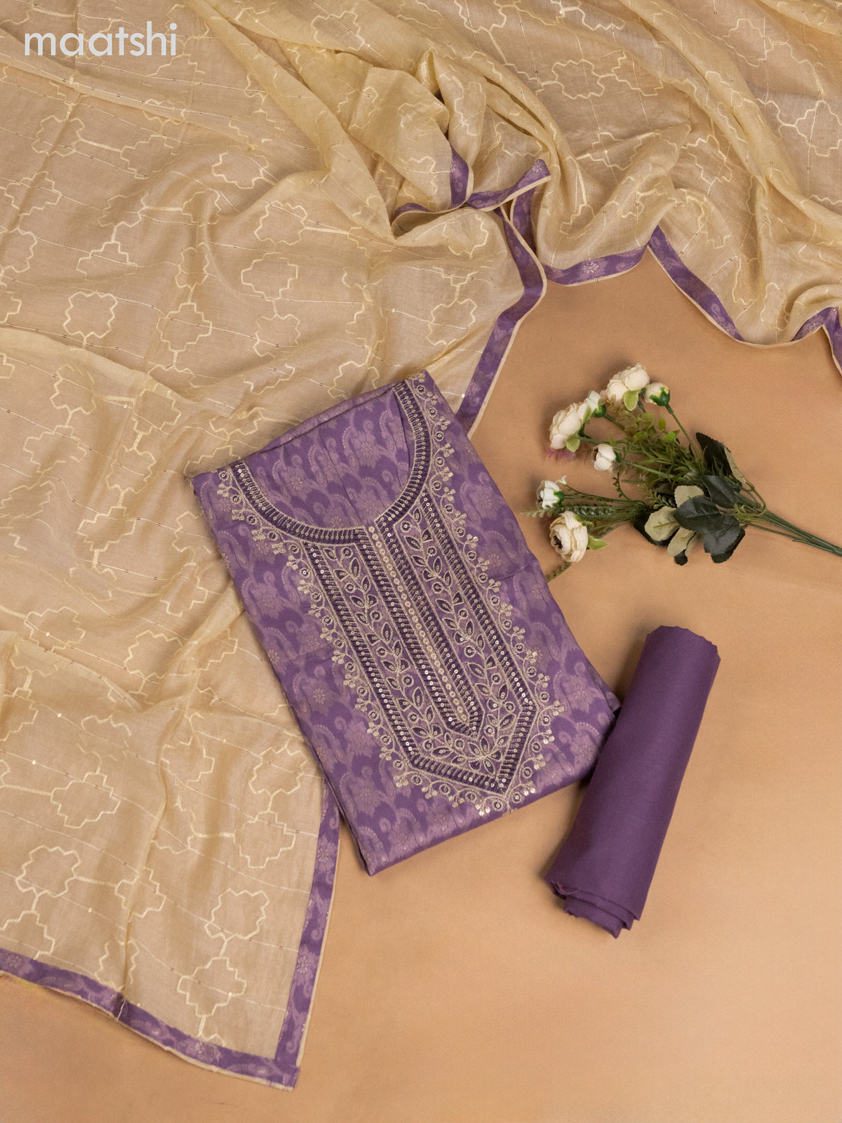 Cotton dress material purple shade and cream with allover thread weaves & sequin embroidery work neck pattern and bottom & dupatta