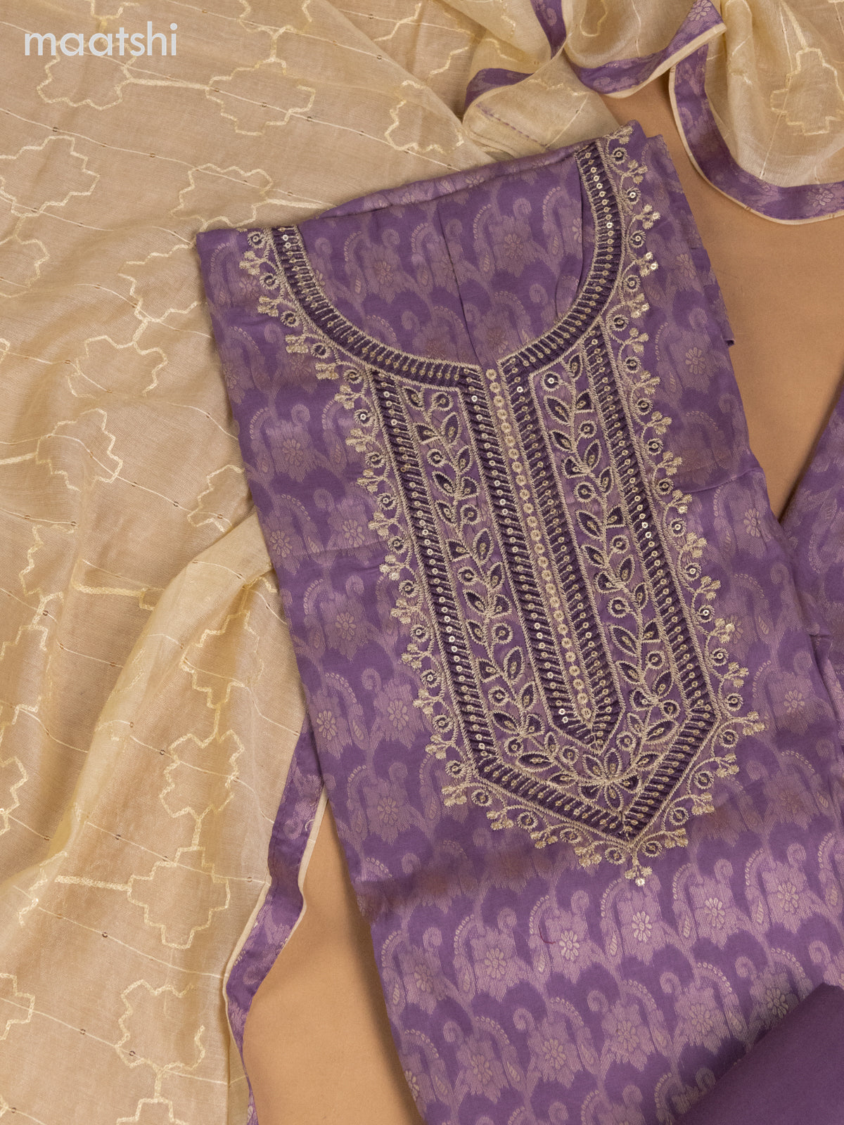 Cotton dress material purple shade and cream with allover thread weaves & sequin embroidery work neck pattern and bottom & dupatta
