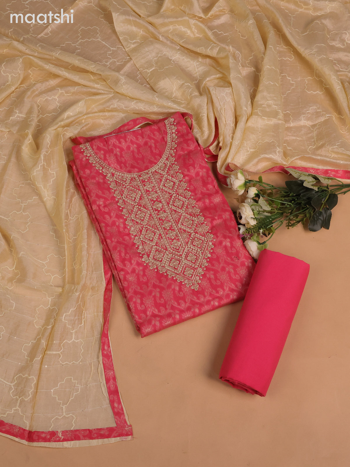 Cotton dress material peach pink and cream with allover thread weaves & sequin embroidery work neck pattern and bottom & dupatta