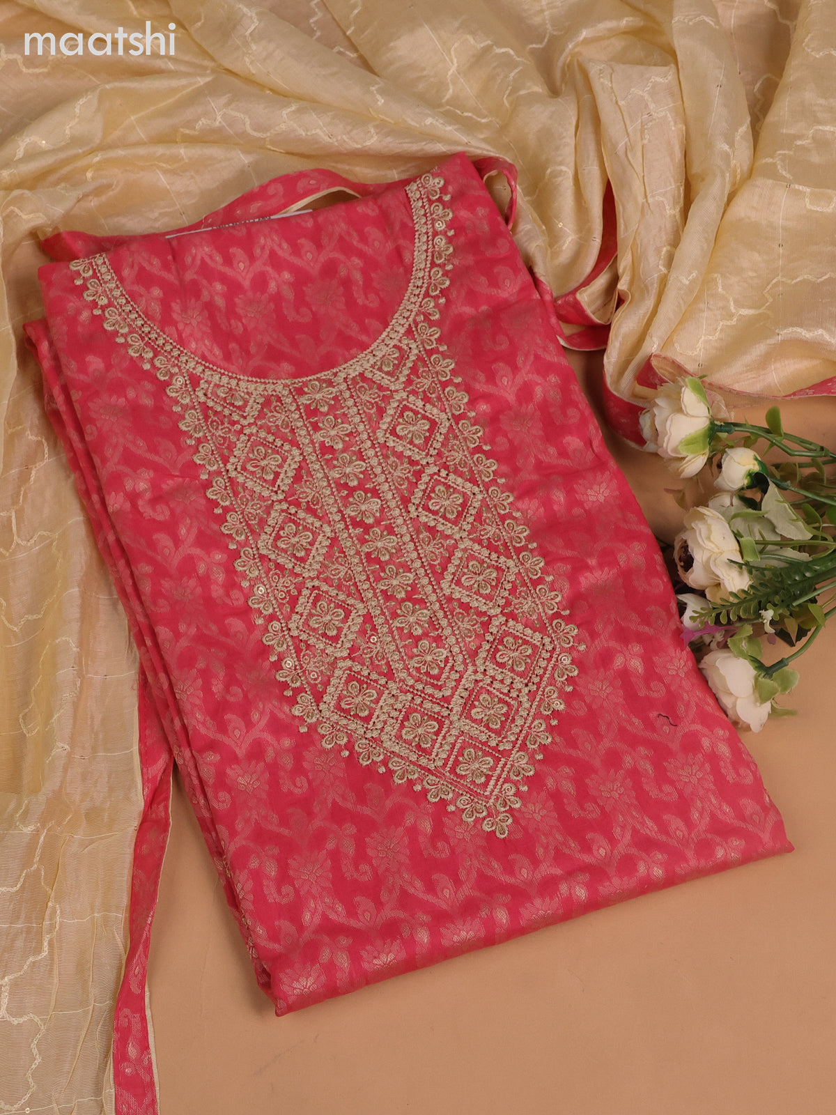 Cotton dress material peach pink and cream with allover thread weaves & sequin embroidery work neck pattern and bottom & dupatta