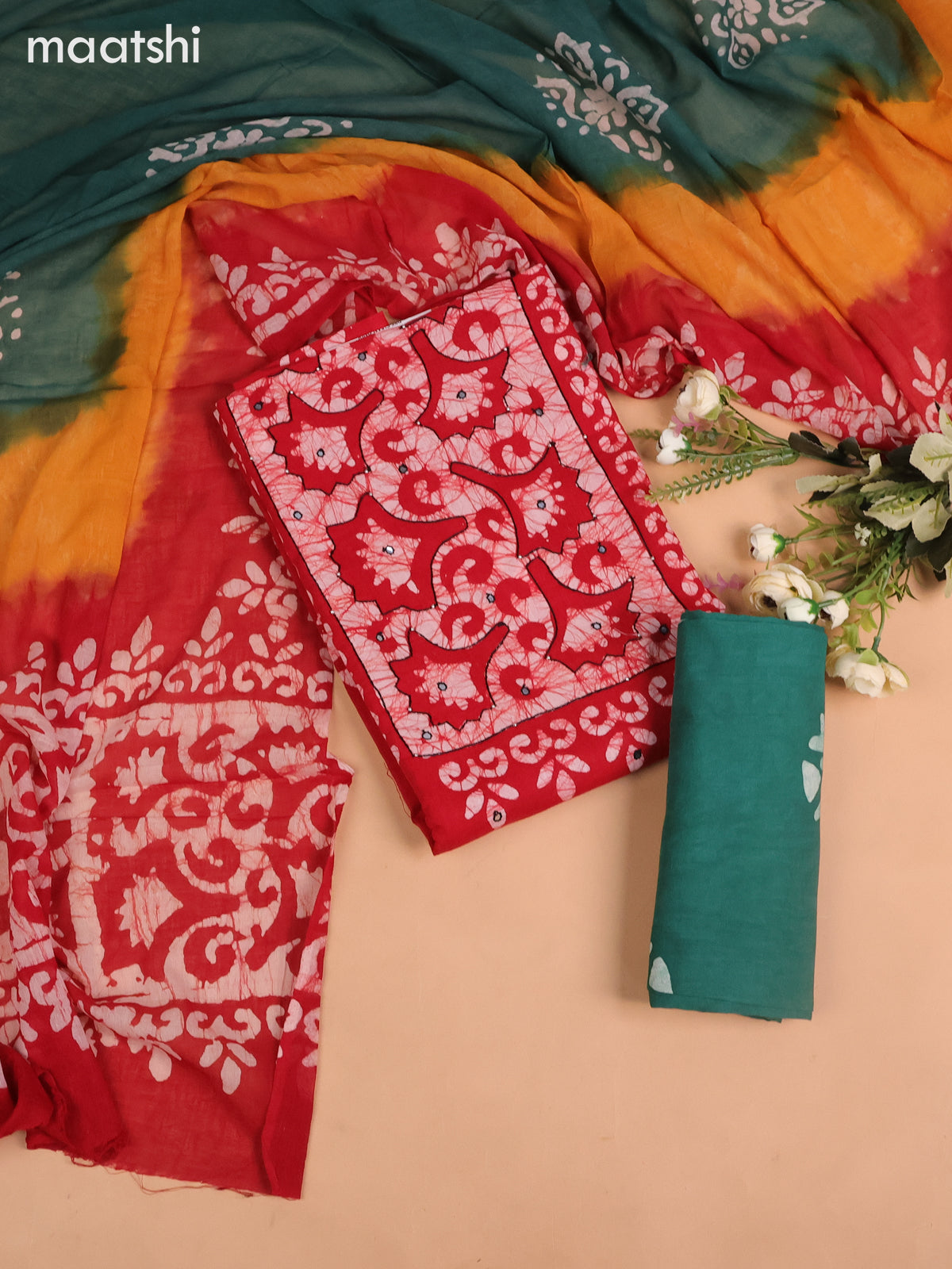 Cotton dress material red and teal green with batik butta prints & mirror embroidery work neck work pattern and bottom & dupatta