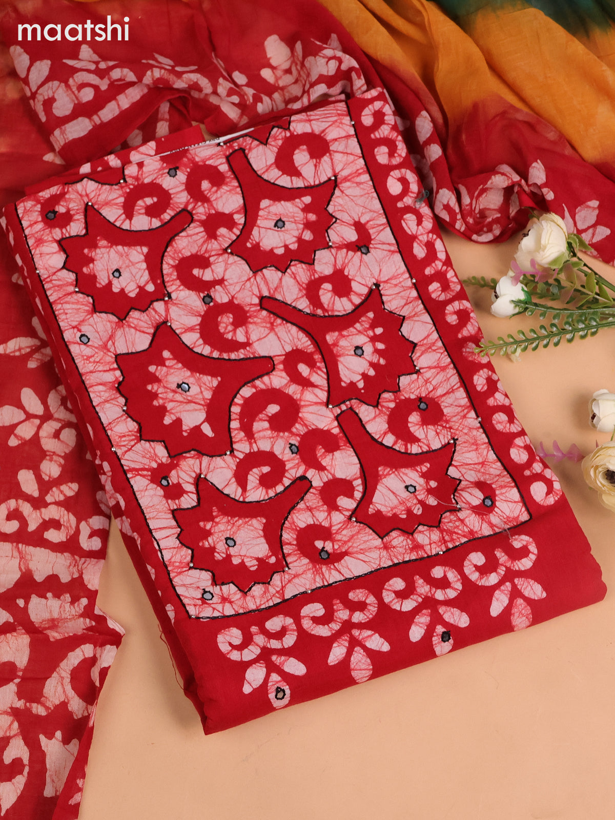 Cotton dress material red and teal green with batik butta prints & mirror embroidery work neck work pattern and bottom & dupatta