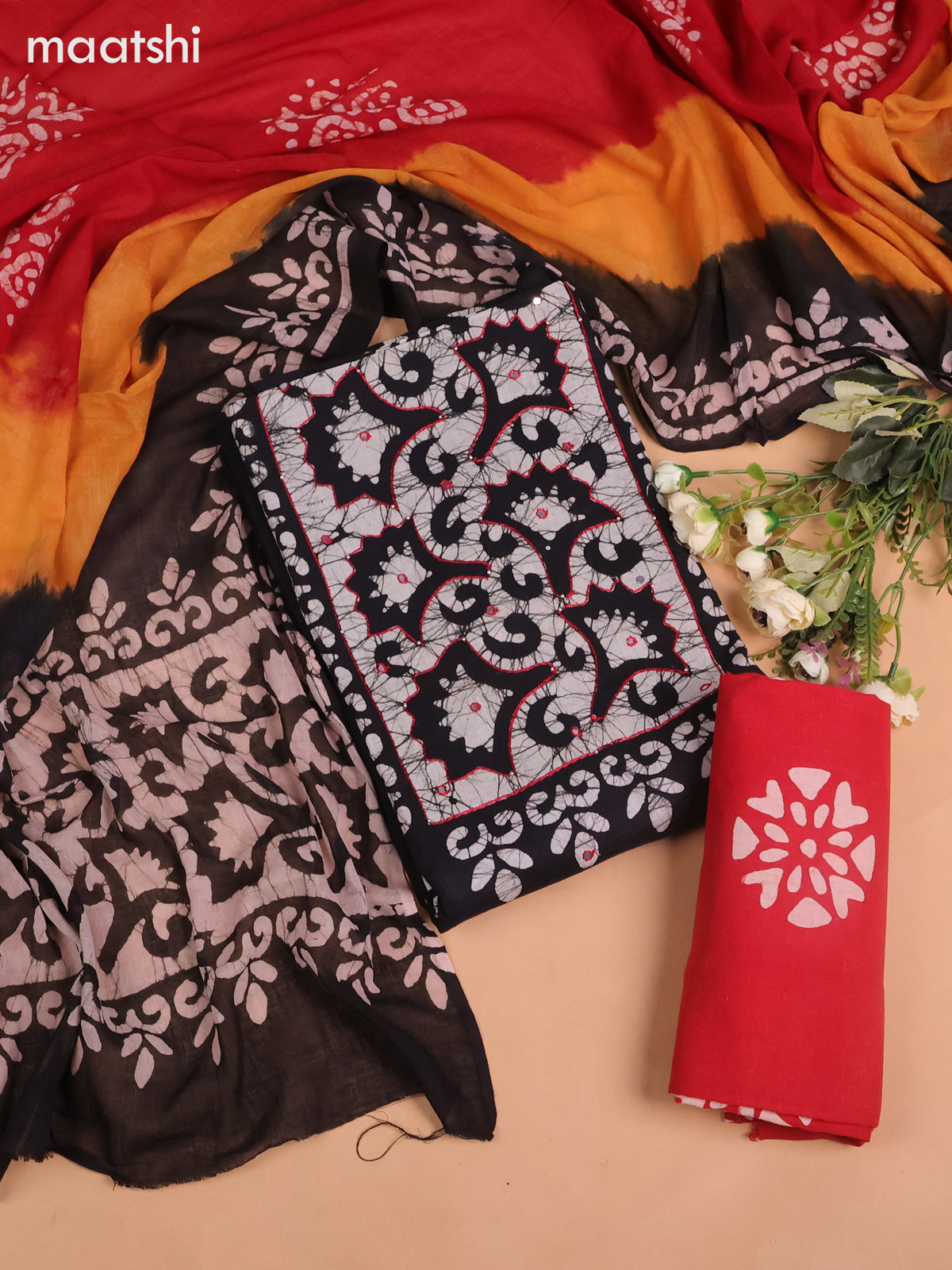 Cotton dress material black and red with batik butta prints & mirror embroidery work neck work pattern and bottom & dupatta
