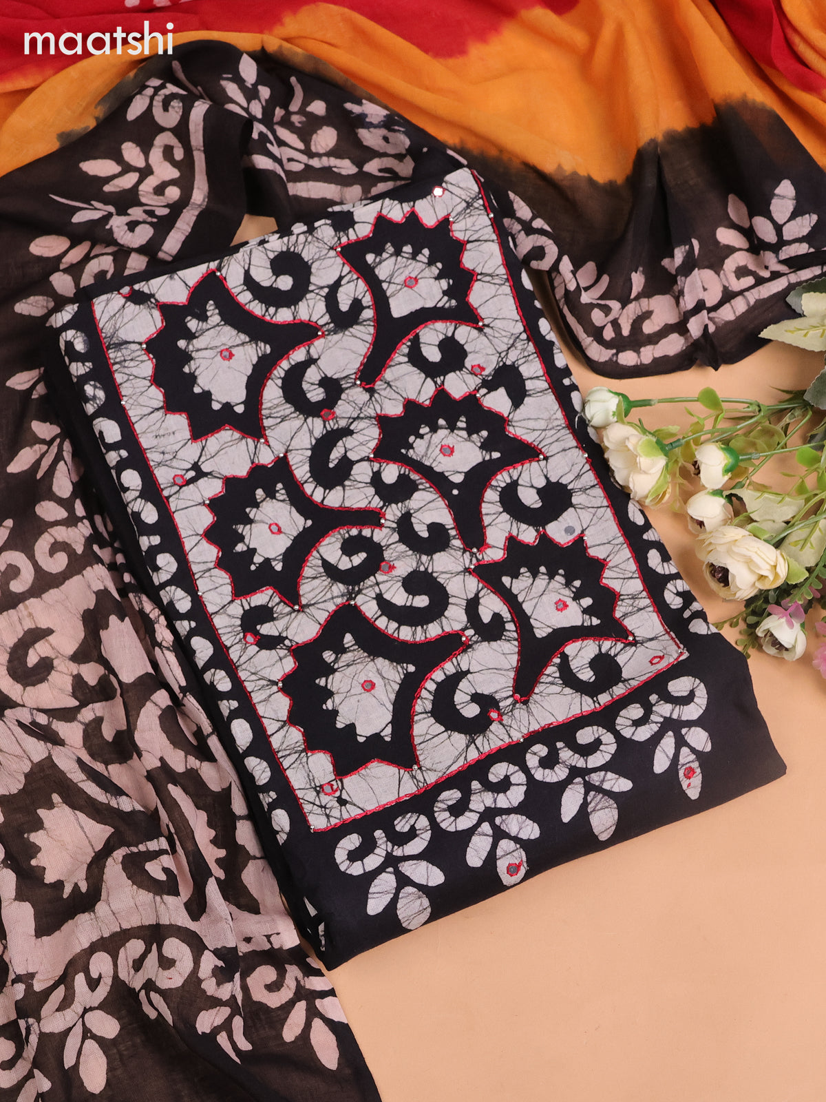 Cotton dress material black and red with batik butta prints & mirror embroidery work neck work pattern and bottom & dupatta