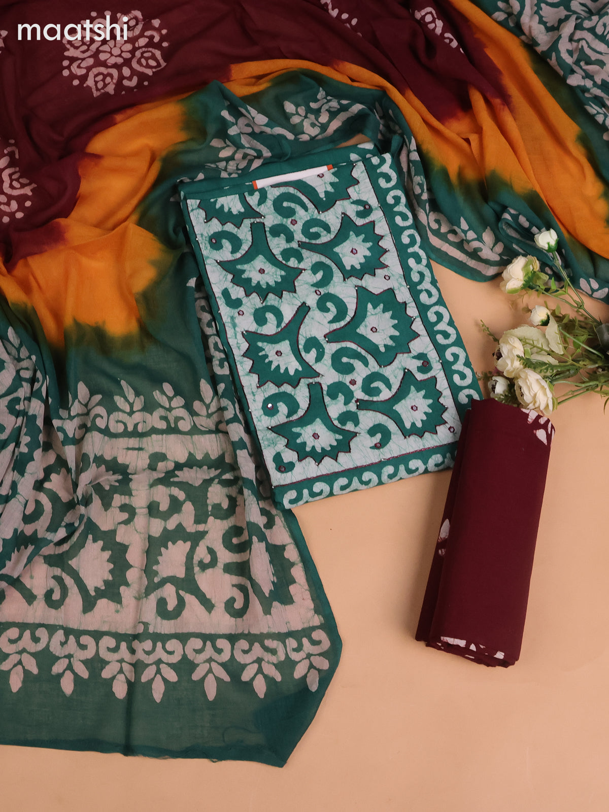 Cotton dress material teal green and deep maroon with batik butta prints & mirror embroidery work neck work pattern and bottom & dupatta