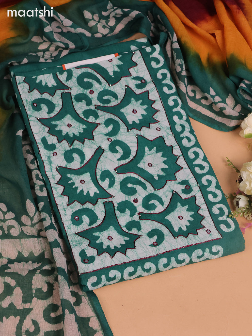 Cotton dress material teal green and deep maroon with batik butta prints & mirror embroidery work neck work pattern and bottom & dupatta