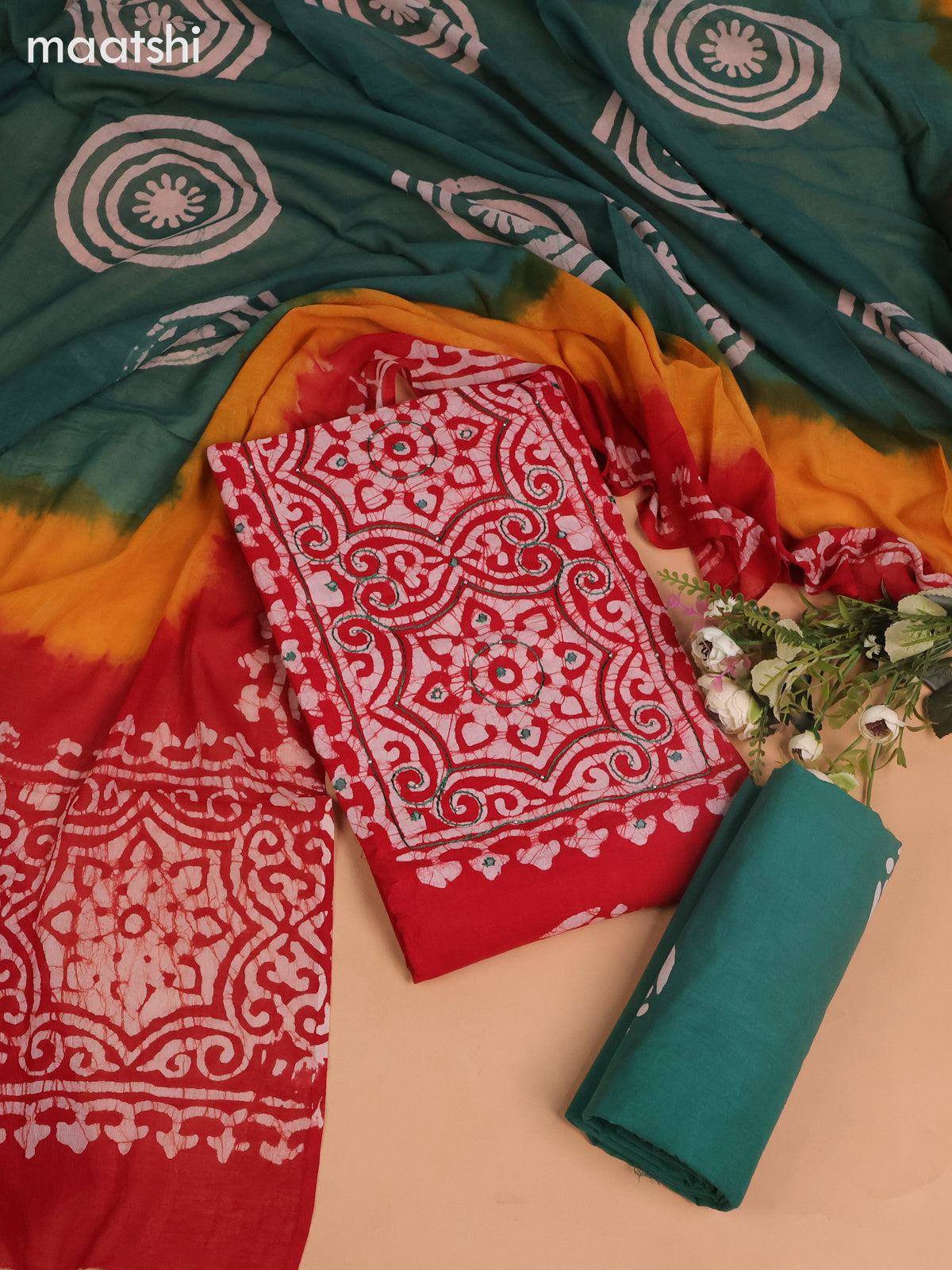 Cotton dress material red and teal green with batik butta prints & mirror embroidery work neck work pattern and bottom & dupatta