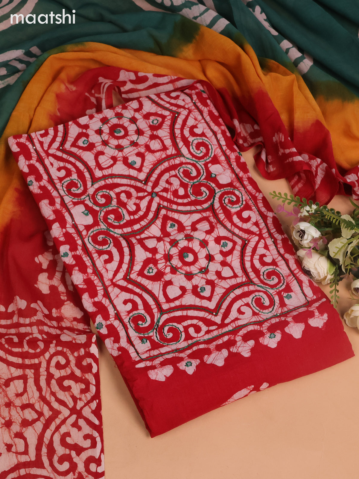 Cotton dress material red and teal green with batik butta prints & mirror embroidery work neck work pattern and bottom & dupatta