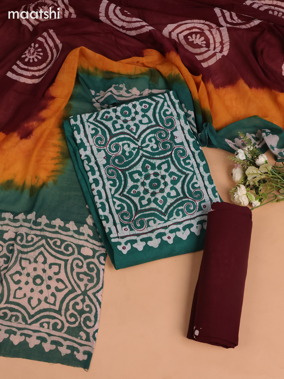Cotton dress material teal green and deep maroon with batik butta prints & mirror embroidery work neck work pattern and bottom & dupatta