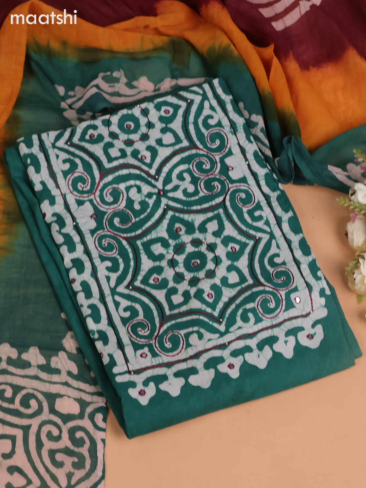 Cotton dress material teal green and deep maroon with batik butta prints & mirror embroidery work neck work pattern and bottom & dupatta