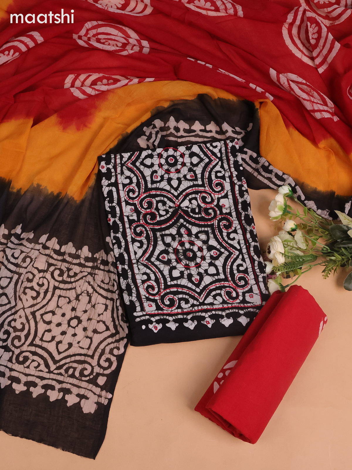 Cotton dress material black and red with batik butta prints & mirror embroidery work neck work pattern and bottom & dupatta