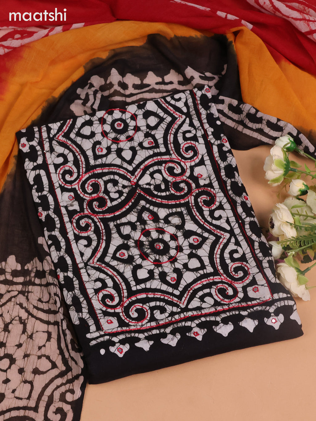 Cotton dress material black and red with batik butta prints & mirror embroidery work neck work pattern and bottom & dupatta