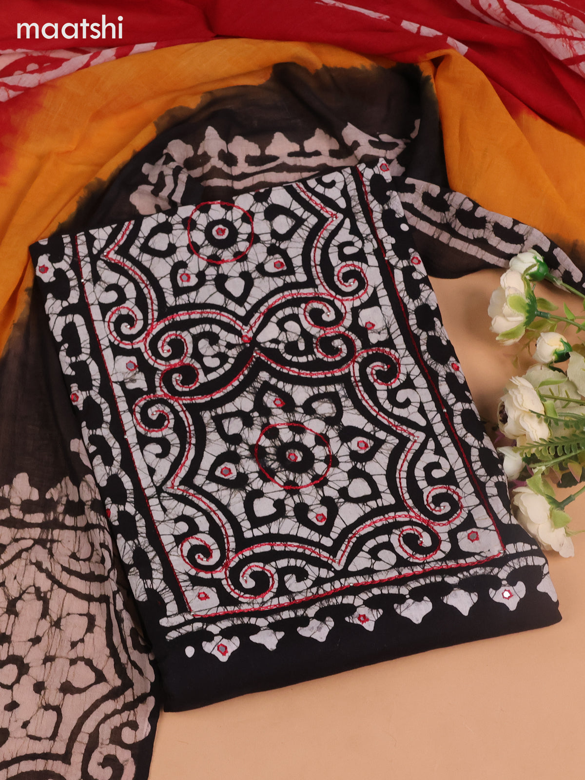 Cotton dress material black and red with batik butta prints & mirror embroidery work neck work pattern and bottom & dupatta