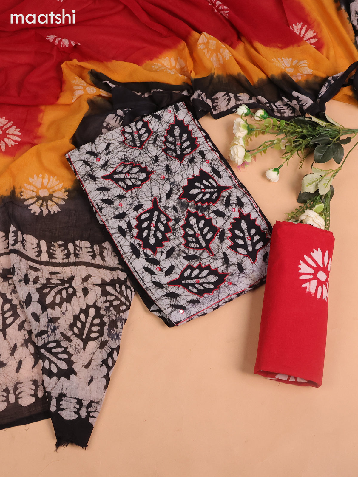 Cotton dress material black and red with batik butta prints & mirror embroidery work neck work pattern and bottom & dupatta