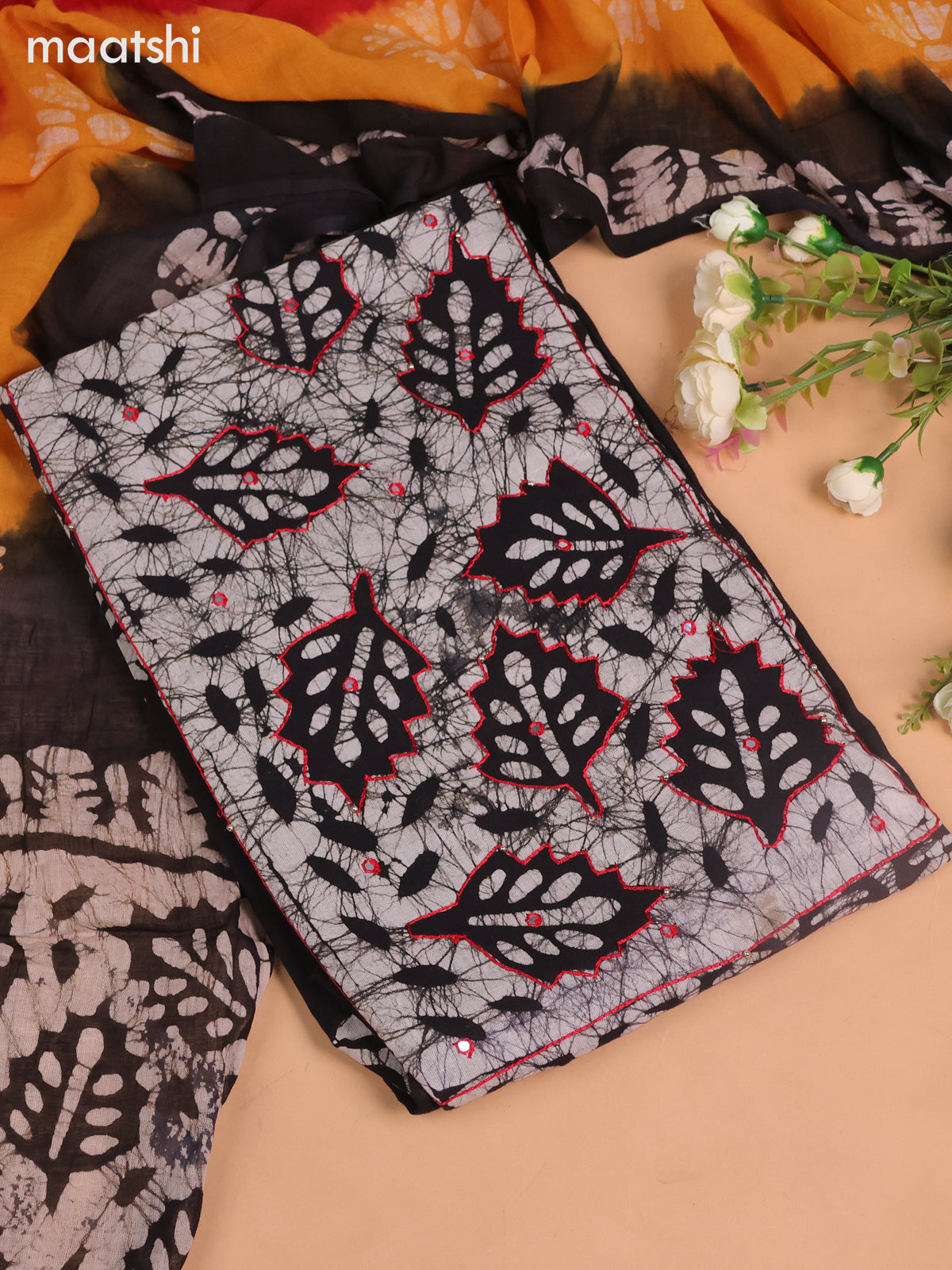 Cotton dress material black and red with batik butta prints & mirror embroidery work neck work pattern and bottom & dupatta