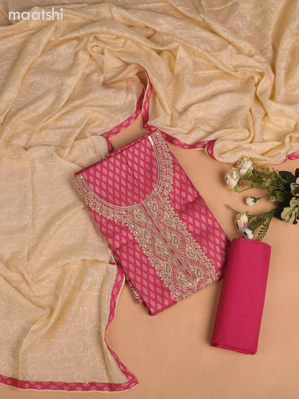 Cotton dress material pink and cream with allover thread buttas & sequin embroidery work neck pattern and bottom & dupatta