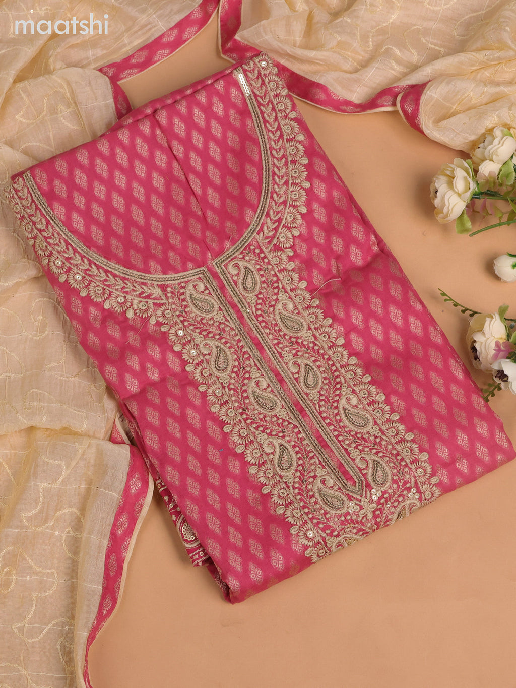 Cotton dress material pink and cream with allover thread buttas & sequin embroidery work neck pattern and bottom & dupatta